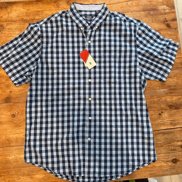Izod Button Down 100% Cotton Checkered Short Sleeve Shirt Blue Men’s Large New - Picture 5 of 8